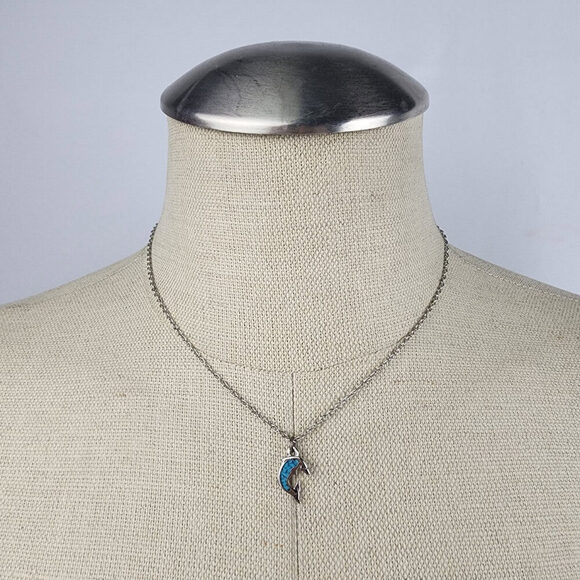 Vintage Jewelry - Vintage Silver Tone Blue Dolphin Pendant Chain Necklace